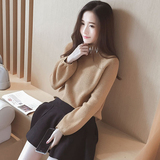 2016秋冬女装韩国宽松灯笼袖上衣钉珠纯色针织衫镶钻套头毛衣外穿