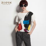 zopin作品2015夏装新款女装 宽松短袖通勤上衣 圆领复古纯棉T恤