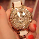 正品韩版满钻镶钻白色小香陶瓷玫瑰金女士时尚石英钟手表MK Watch