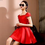 夏季修身韩版小红裙气质短裙礼服A字裙显瘦时尚短袖红色连衣裙