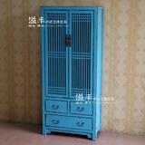 新中式仿古典实木蓝色简约做旧复古书柜置物储物柜装饰收纳展览柜