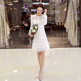 蕾丝长袖白色连衣裙女2016春装新款女装套头纯色连衣裙20-25-30岁