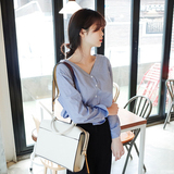 2016春韩国代购正品直邮Cherrykoko纯棉宽松单排扣条纹V领衬衫女