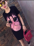 香港IT代购2016夏装新款女装猫咪镶钻中长款宽松短袖T恤连衣裙