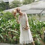 夏装韩国显瘦中长款吊带背心裙+甜美蕾丝透视罩衫连衣裙两件套女