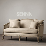 SENNA-塞纳欧式田园家具 亚麻布软包 路易十五式橡木长椅三人沙发