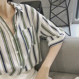 2016夏新款韩版Polo领条纹半袖衬衫上衣学院风百搭棉麻衬衣上衣女