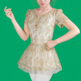 2016韩版夏新款女装欧洲站短袖欧根纱雪纺衫修身裙摆蕾丝上衣