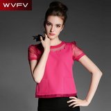WVFV2016夏季新款女装简约欧根纱短袖修身显瘦玫红色上衣女T恤