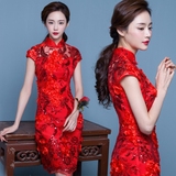 中式礼服2016新款夏红色短款旗袍新娘结婚敬酒服改良复古修身显瘦
