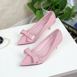 韩版显瘦浅口单鞋女裸粉色5厘米高跟鞋蝴蝶结尖头细跟中跟伴娘鞋2