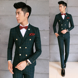 2015专柜男士韩版修身格子西服套装新郎伴郎礼服三件套英伦西装