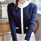 2015秋季韩版短款针织衫开衫长袖低圆领珍珠扣纯色小外搭披肩外套