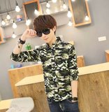 厂家直销日韩青少年学生修身时尚休闲长袖迷彩衬衫男上衣外套潮