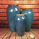 热销蓝色田园手工复古土陶罐粗陶景观摆件组合陶瓷花瓶装饰品花器