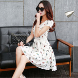 2016夏季新款韩版大码女装性感修身显瘦中长款短袖印花雪纺连衣裙