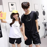 情侣装夏装短袖T恤套装2016新款韩版刺绣字母上衣男女学生班服潮
