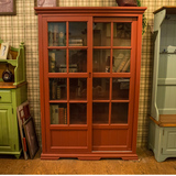 地中海美式复古红色乡村比邻书橱田园做旧实木玻璃移门置物柜书柜