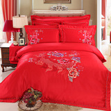 结婚纯棉贡缎提花大红色高档床上被枕套床单裙四六多件套夹棉加厚