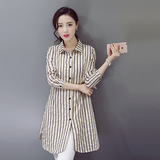 2016韩版衬衫女长袖条纹纯棉麻中长款大码上衣不规则宽松休闲衬衣