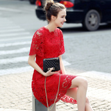 2016夏装女装新款a字裙修身显瘦大红色复古蕾丝连衣裙女短袖高腰