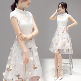 2016夏季新款女装韩版修身显瘦蕾丝连衣裙中长款气质印花旗袍裙子
