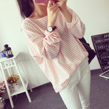 春秋季长袖T恤女圆领粉色条纹体恤衫韩国学生18-24周岁宽松上衣服