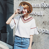 韩版夏季女装甜美宽松荷叶边短袖V领拼色棉麻t恤学生休闲中袖上衣