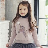 2015韩国童装女童冬装新款韩版卡通小马圆领长袖加绒卫衣T恤上衣