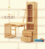 简约实木写字台儿童书桌松木原木卧室书架家具书架组合松木电脑桌