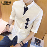 时尚个性拼色青少年韩版修身薄款透气休闲简单男士七分袖衬衫潮流
