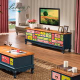丽卢美式乡村彩绘做旧电视柜现代简约客厅实木家具组合套餐地柜子