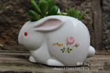 zakka杂货手绘莲花图案兔子陶瓷可爱月兔多肉白瓷花盆笔筒摆件