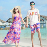 情侣沙滩套装蜜月装夏海边度假波西米亚长裙紫色印花吊带连衣裙子