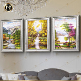 风景欧式油画装饰画四季山水纯手绘三联幅客厅沙发背景墙美式挂画