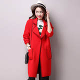 春秋新款韩版女士纯色针织大衣中长款直筒型羊毛翻领红色开衫外套