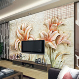 中式风格客厅沙发浮雕百合花背景墙纸3D立体电视墙壁纸无缝壁画
