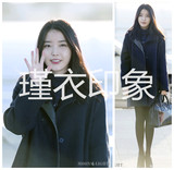 2016冬装新款IU李智恩明星同款黑色皮拼接中长款毛呢外套大衣风衣