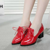 2015春季新款欧美漆皮时尚系带粗跟单鞋尖头亮皮低跟舒适红色女鞋