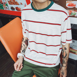 [Ugly BF] 夏新圆领假两件韩版短袖t恤条纹印花体恤潮流男海魂衫