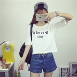 韩版字母印花半袖女夏季短袖T恤宽松学生露脐装高腰中袖短款上衣