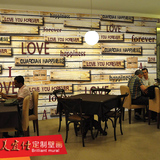 欧式木纹木板墙纸复古字母pvc咖啡店休闲餐厅背景壁纸3D大型壁画
