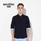 Westlink西遇男装2016夏季新款百搭麻料撞色中袖翻领系扣男衬衫