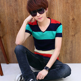 夏季装短袖t恤男v领韩版青少年条纹男士体恤桖学生半袖衫针织上衣