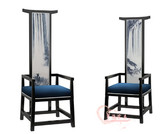 新中式家具酒店高背椅水曲柳实木形象椅高山流水布艺印花装饰椅