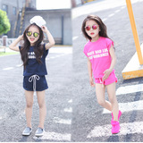 2016中大女童夏装韩版纯色字母短袖T恤+短裤2件套 儿童运动套装