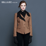 BBLLUUEE粉蓝衣橱2015冬季新款小翻领短款撞色羊毛呢外套女上衣