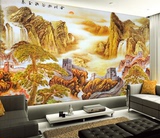 无缝3d大型壁画客厅书房电视背景墙纸墙画山水长城瀑布迎客松墙布