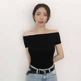 韩国女装代购正品2016夏装新款纯色一字领露肩修身短袖T恤打底衫