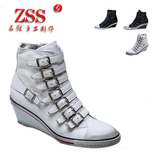 2015欧美夏季新款女鞋 金属搭扣ZSS 高帮鞋 白色七扣小坡跟 真皮